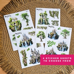 Conjunto de folhas de adesivos - castelos, adesivos de diário com marcadores, adesivos de diário, adesivos de álbum de recortes, adesivos de castelo, reino mágico, adesivos de árvore