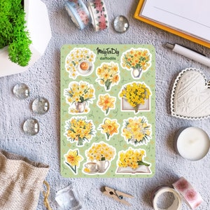 Folha de adesivos – Narcisos. Flores, buquê, botânica, adesivos para diário com marcadores, adesivos para planejador, adesivos para álbum de recortes