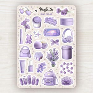 May include: A sticker sheet with lilac-themed illustrations. It features items like sunglasses, a hair clip, a handheld console, headphones, a teddy bear, a handbag, a backpack, and a lavender bouquet. The sheet also includes the text "Mriy Ta Diy" and "lilac mood".