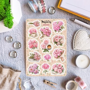Folha de adesivos – Peônias. Flores, buquê, botânica, adesivos para diário com marcadores, adesivos para planejador, adesivos para álbum de recortes