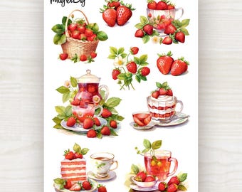 Strawberry Dessert Sticker Sheet: Cakes, Tea | for Scrapbooking, Journaling, Planner