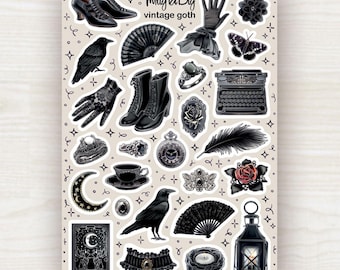 Vintage Goth Planner Stickers: Raven, Moon, & Victorian Ephemera