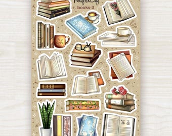 Books & Coffee Stickers  Books-5 – Cozy Reading Sticker Sheet for Journaling, Planner, Scrapbook and Bullet Journal