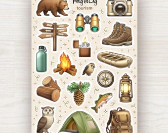 Tourism Stickers – Camping, Hiking, Travel Adventure, Tent, Compass, Lantern and Nature Elements for Journaling, Scrapbooking and Planner