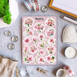 Feuille d'autocollants – Lys. Fleurs, bouquet, Stickers Bullet Journal, Stickers agenda, Stickers scrapbooking