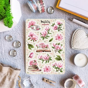 Folha de adesivos – Magnólia. Adesivos para diário com marcadores, adesivos para planejador, adesivos para scrapbook, flores, flora, botânica, buquê, flor rosa