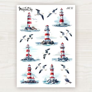 Sticker Bogen – Kunst 93. Leuchtturm, Meer, Ozean, Meeresküste, Landschaft, Natur, Bullet Journal Sticker, Planer Sticker, Scrapbook Sticker