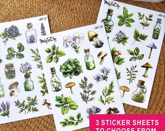 Puede incluir: Tres hojas de pegatinas con ilustraciones botánicas de setas, flores y hierbas. Las pegatinas incluyen imágenes de botellas de vidrio con tapones de corcho y el texto "3 STICKER SHEETS TO CHOOSE FROM". Las hojas están sobre una superficie tejida.