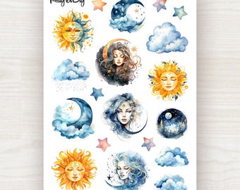 Hoja de pegatinas celestiales de sol y luna: místicas / para scrapbooking, diario y agenda