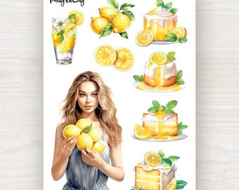Lemon Stickers: Citrus, Girl, Fruit. For Scrapbooking, Journaling, Planner and Bullet Journal
