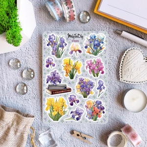 Feuille d'autocollants – Iris. Fleurs, bouquet, botanique, Stickers Bullet Journal, Stickers agenda, Stickers scrapbooking
