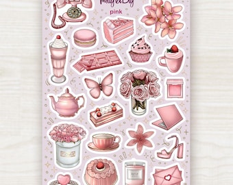 Rosa Sticker – Girly ästhetic Desserts und Blumen – Pastell Planer und Journal Sticker Bogen