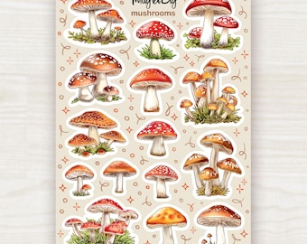 Stickers champignons – Feuille d'autocollants Cottagecore et forêt pour journal, scrapbooking, agenda et Bullet Journal