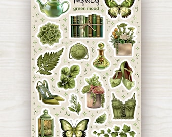 Green Mood Planner Stickers – Aesthetic Green Ephemera Sheet for Journaling, Scrapbooking, Bujo, Vintage Nature Cottagecore Style
