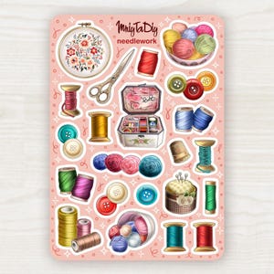 Needlework Stickers – Sewing Thread and Button Sticker Sheet for Journaling, Scrapbooking, Planner and Bullet Journal