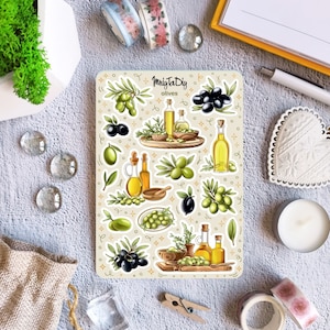 Feuille d'autocollants – Olives. Autocollants de journal de balle, autocollants de planificateur, autocollants de scrapbooking, autocollants d'olives, autocollants d'huile d'olives
