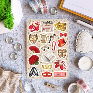 Stickervel – Theater. Prestaties, Masker, Pointe-schoenen, Lier, Ticket, Bullet Journal Stickers, Planner Stickers, Scrapbook Stickers