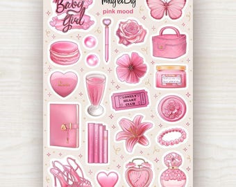 Pegatinas de humor rosa: lámina de pegatinas estéticas rosas para scrapbooking, diarios, agendas y bullet journals.