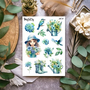 Sticker Bogen – Kunst 84. Frühling, Grün, Vogelhaus, Blumen, Mädchen, Bullet Journal, Planer Aufkleber, Scrapbook Aufkleber