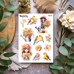 Foglio di adesivi – Art 85. Primavera, uccelli, fiori, ragazza, adesivi per bullet journal, adesivi per pianificatore, adesivi per album di ritagli, adesivi per giardinaggio