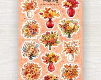 Autumn Bouquet Stickers – Fall Floral Sticker Sheet for Journaling, Planner, Scrapbook, Cozy Autumn Stickers, Pumpkin Season Decor