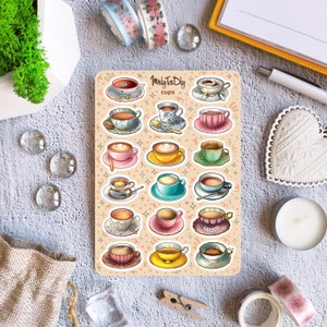 Hoja de pegatinas – Copas. Bullet Journal Stickers, Planner Stickers, Scrapbook Stickers, Té, Café, Cacao, Bebida
