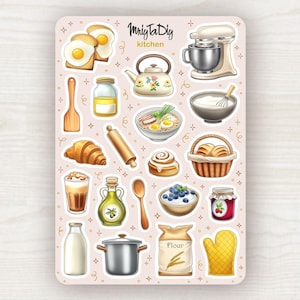 Könnte beinhalten: Ein Stickerbogen mit Illustrationen zum Thema Küche. Er enthält Bilder von Lebensmitteln wie Eiern, Croissants und Ramen sowie Küchenutensilien wie einen Mixer, ein Nudelholz und einen Topf. Der Bogen trägt den Text "Mriy Ta Diy kitchen".