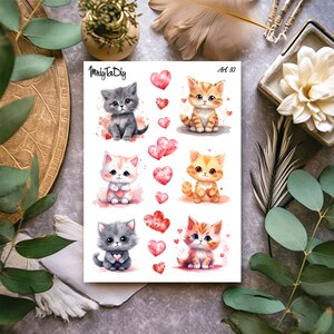 Sticker Bogen – Art 80. Kawaii süße Kätzchen, Herzen, Liebe, Bullet Journal Sticker, Planer Sticker, Scrapbook Sticker