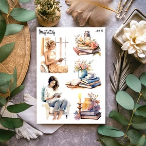 Foglio di adesivi – Art 15. Lettura, libri, adesivi Bullet Journal, adesivi Planner, adesivi scrapbook, adesivi acquerello, adesivi artistici