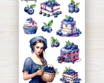 Blueberry Watercolor Stickers: Berry, Cake, Cupcake, Girl. For Scrapbooking, Journaling, Planner and Bullet Journal