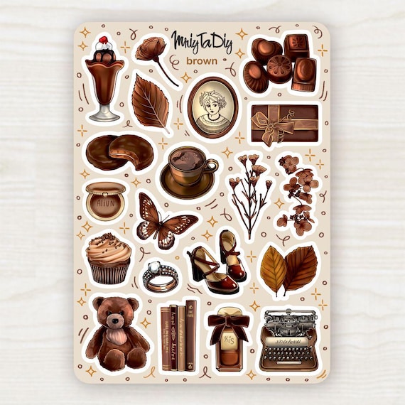 Brown Aesthetic Stickers – Cozy Chocolate Sticker Sheet for Journaling, Scrapbooking, Planner and Bullet Journal