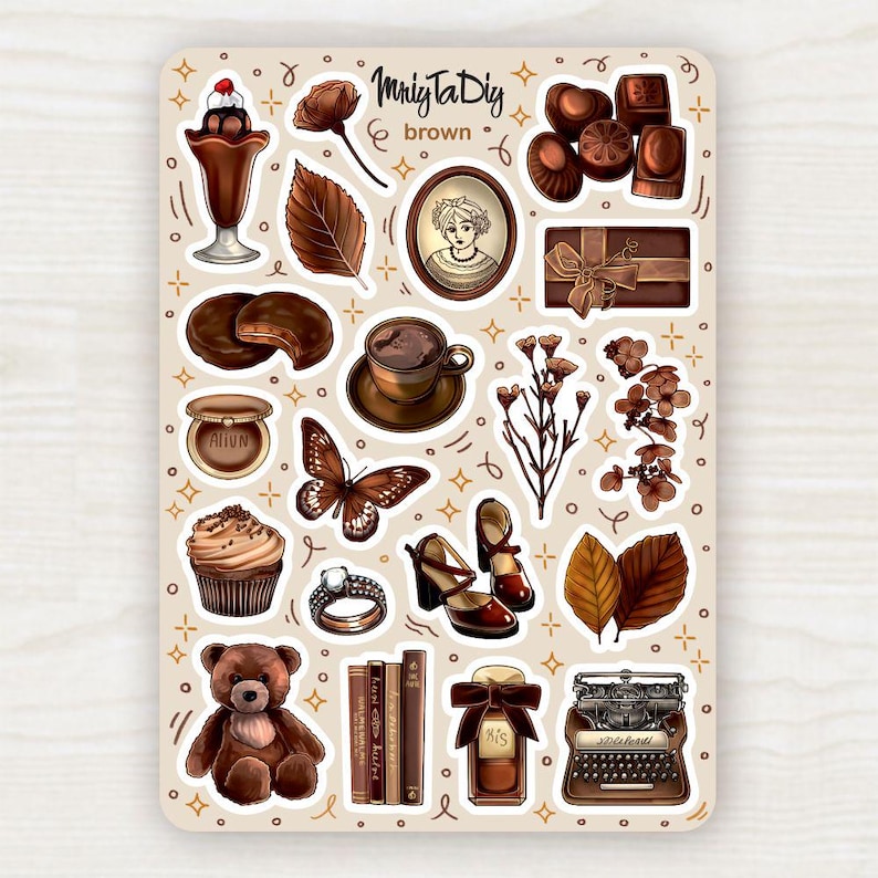 Brown Aesthetic Stickers – Cozy Chocolate Sticker Sheet for Journaling, Scrapbooking, Planner and Bullet Journal image 1