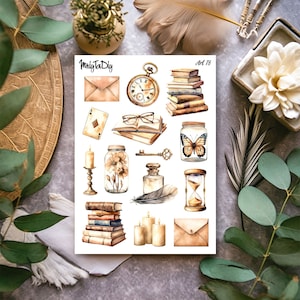 Stickervel – Art 78. Vintage, Beige, Boeken, Kaarsen, Vlinders, Herbarium, Envelop, Sleutel, Bullet Journal Stickers, Scrapbook Stickers