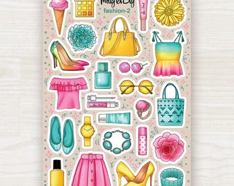 Pegatinas de moda: accesorios, zapatos y conjuntos elegantes. Hoja de pegatinas coloridas para agenda y diario.