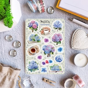 Folha de adesivos – Hortênsias. Flores, buquê, botânica, adesivos para diário com marcadores, adesivos para planejador, adesivos para álbum de recortes