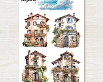 Cottage House Sticker Sheet: Vintage Village, Rustic Homes | for Scrapbooking, Journaling, Planner