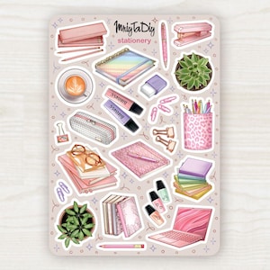 Pegatinas de papelería: Hoja de pegatinas rosas para oficina y estudio, ideales para diarios, scrapbooking, agendas y bullet journal.