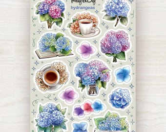 Hortensia-klistermärken – Pastellfärgade blommiga klistermärkesark med hortensior, te och böcker för scrapbooking, journaling, planerare och bullet journal