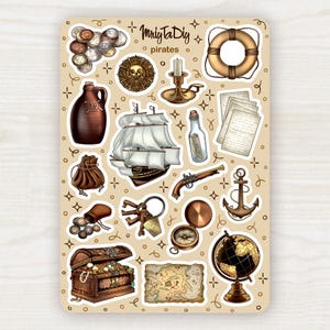 Pirate Stickers – Treasure Map, Ship, Anchor, Coins, Compass and Skull Sticker Sheet for Scrapbooking, Journaling, Planner and BuJo