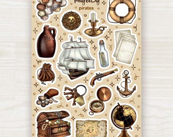 Pirate Stickers – Treasure Map, Ship, Anchor, Coins, Compass and Skull Sticker Sheet for Scrapbooking, Journaling, Planner and BuJo