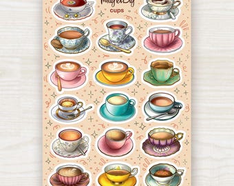 Foglio di adesivi – Tazze. Adesivi per Bullet Journal, Adesivi per Planner, Adesivi per Scrapbook, Tè, Caffè, Cacao, Bevande