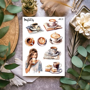 Hoja de pegatinas – Arte 25. Pegatinas de Bullet Journal, pegatinas de planificador, pegatinas de álbumes de recortes, pegatinas de café, bebida, acuarelas