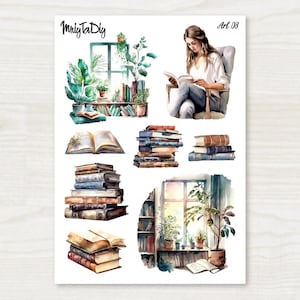 Stickerbogen – Kunst 08. Lesung, Bücher, Bullet-Journal Aufkleber, Planer Aufkleber, Scrapbook Aufkleber, Aquarell Aufkleber, Kunst Aufkleber