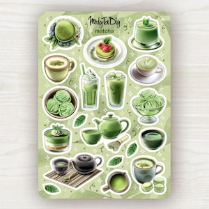 Matcha Stickers – Green Tea Planner Sticker Sheet for Journaling, Scrapbooking, Matcha Desserts, Latte, Macaron, Japanese Aesthetic