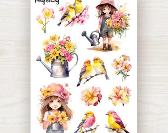 Hoja de pegatinas de primavera para niñas: pájaros, flores y jardinería. Para scrapbooking, diario y agenda.