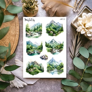 Hoja de Pegatinas – Arte 53. Pegatinas Bullet Journal, Pegatinas Planner, Pegatinas Scrapbook, Naturaleza, Montañas, Bosque, Árboles