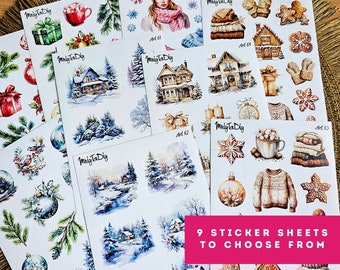 May include: Nine sticker sheets with winter-themed illustrations, including houses, snowflakes, and cozy items. The sheets feature watercolor designs with the text "Mniyta Diy" and "9 STICKER SHEETS TO CHOOSE FROM".