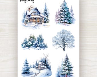 Winter Sticker Sheet: Snowy Houses, Pine Trees, Forest Landscapes | for Scrapbooking, Journaling, Planner