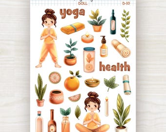 May include: A sticker sheet with a yoga and health theme. The sheet features illustrations of a person in yoga poses, plants, candles, oranges, bottles, and the words "yoga" and "health". The color palette includes orange, green, and brown.