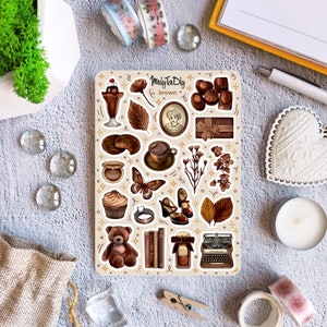 Folha de adesivos – marrom. Adesivos de diário com balas, adesivos de planejador, adesivos de scrapbook, urso de brinquedo, borboleta, café, chocolate, flores, livros